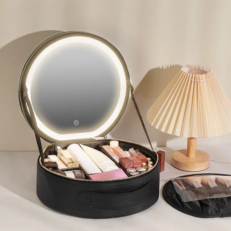 PU Multifunctional Toiletries Organizer with LED Mirror Makeup Case Light 3 Color Adjust Brightness Touch Switch jpg